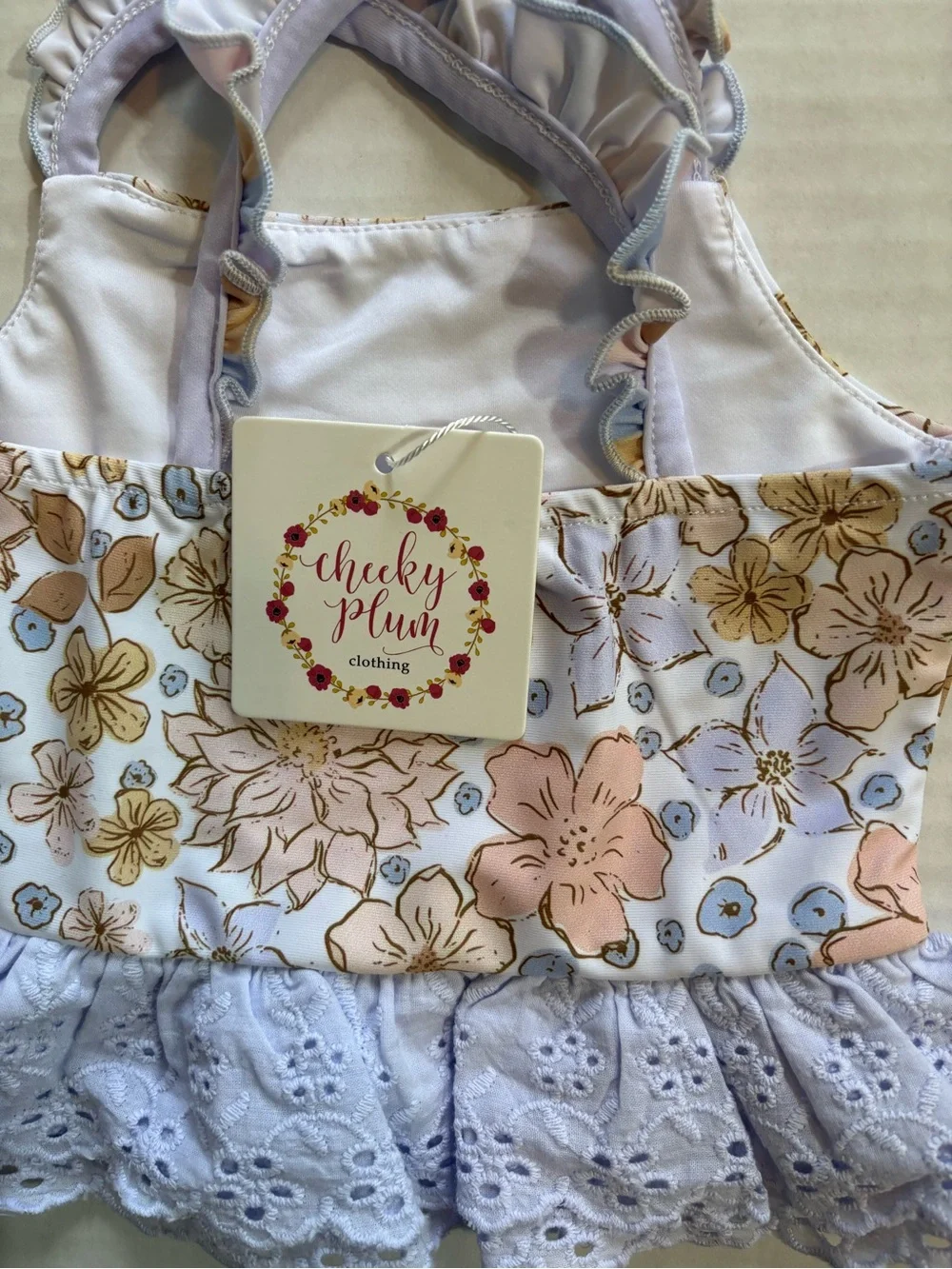 NWT cheeky plum Lilac Floral Ruffle swim top with Pastel Flowers 12/18 months